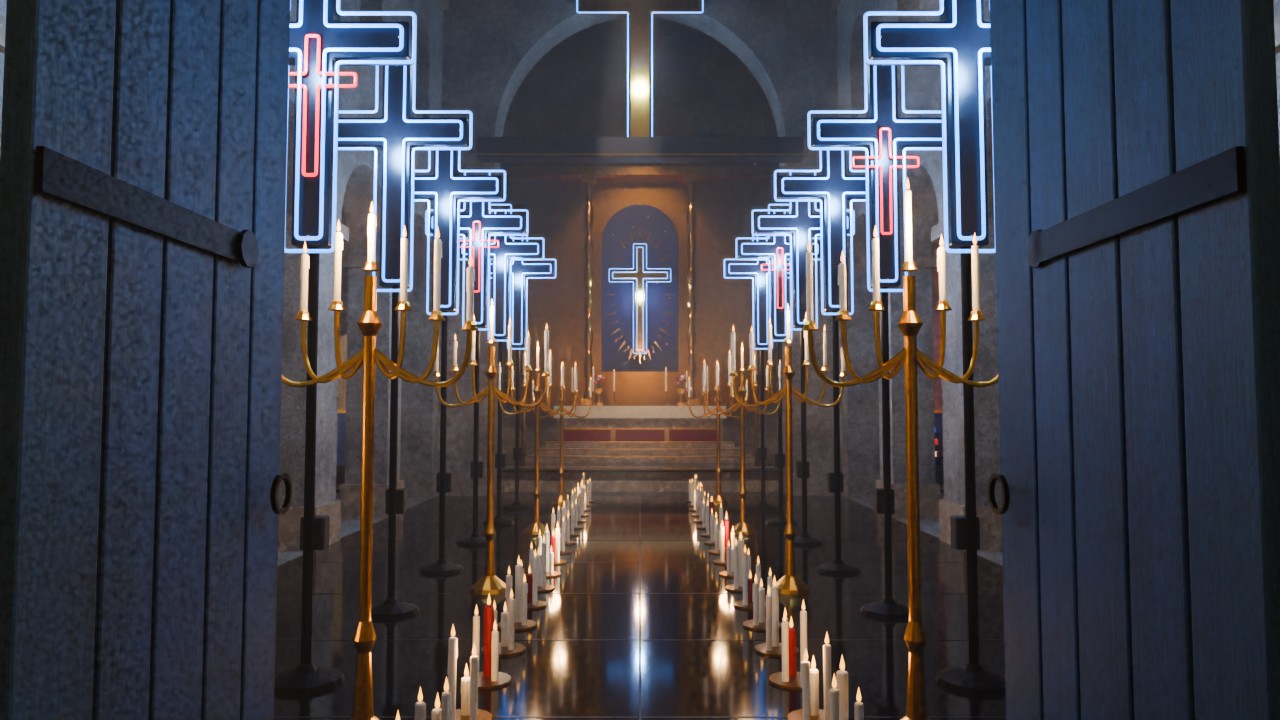 Through the doors: the neon-cross aisle