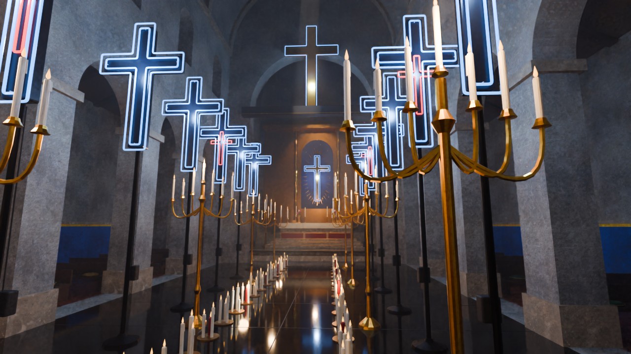 The nave: neon crosses, candelabra, the rood